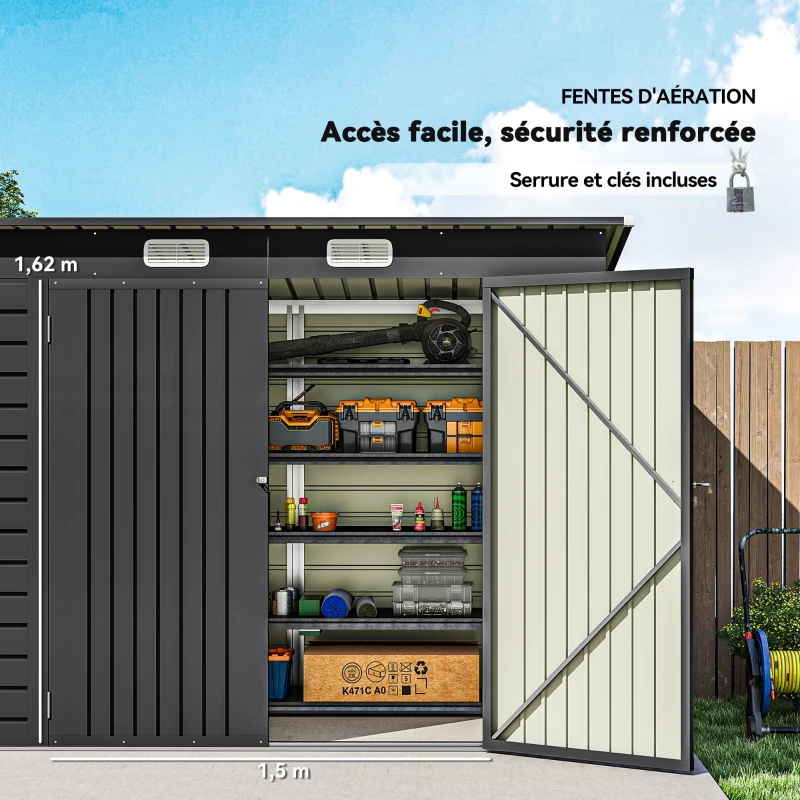 Outsunny Abri de Jardin 2,7 m², Dim. 249 x 121 x 183 cm gants inclus portes doubles verrouillables ventilations tôle acier gris