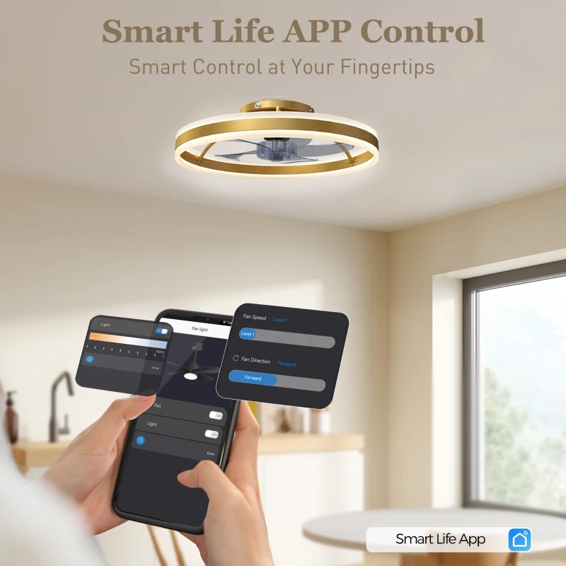 HOMCOM Ceiling Fan with Light and Remote, LED Mount Ceiling Fan with 3 Colour Temperatures, 6 Speed, 50 cm, Gold Tone