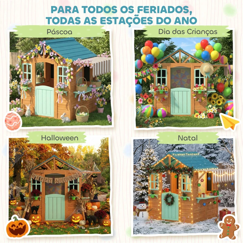AIYAPLAY Casa Infantil para Exterior e Interior de Madeira com Balcão  Floreiras Quadro Janelas Alvo e 4 Bolas 142x120x141,5 cm Madeira