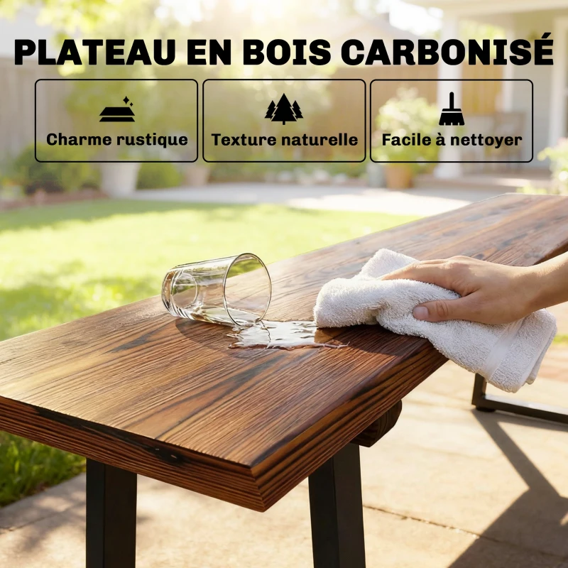 Outsunny Banc de Jardin en Bois Sans Dossier en Bois, Pieds trapézoïdaux en acier, 2 Places à Effet Bois, 150x28x48cm, Carbonisé