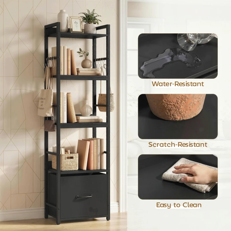 HOMCOM 4-Tier Bookshelf, Narrow Bookcase with Drawer, 8 Hooks, Metal Frame, Black