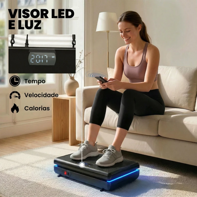 SPORTNOW Plataforma Vibratória com 120 Velocidades 5 Programas Ecrã LED Luz Controlo Remoto e 2 Bandas Elásticas 48x32x13 cm Preto