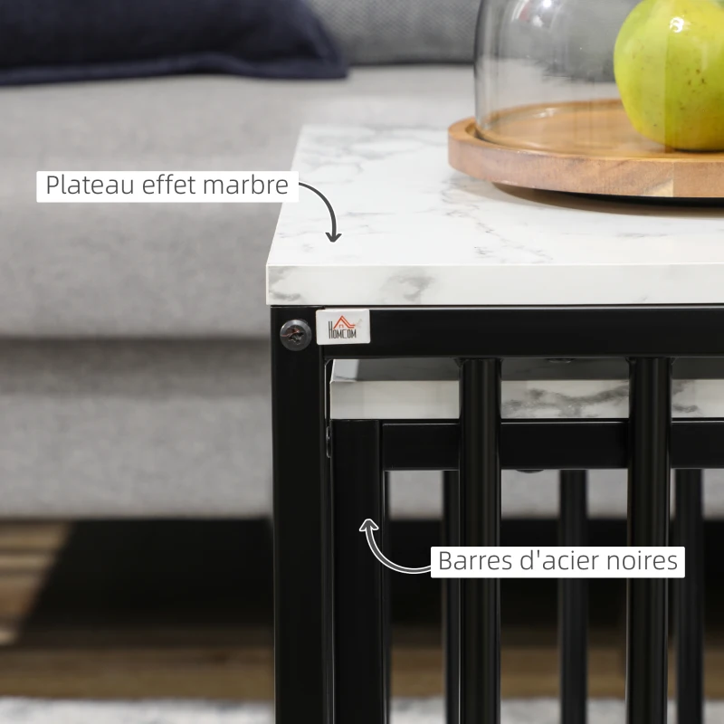 HOMCOM Set of 2 side tables nesting stackable coffee tables with marble-effect wood-look top black metal frame