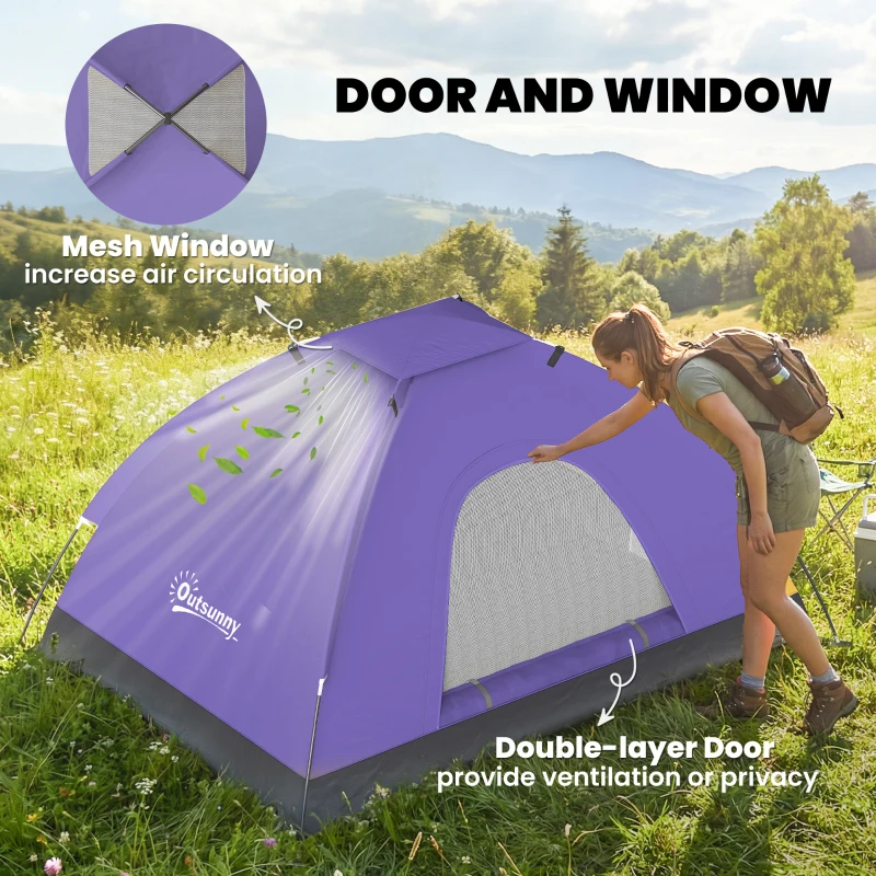 Outsunny 2 Person Camping Tent, Dome Tent with Zipped Doors, Storage Pocket, Portable Handy Bag, Light Purple