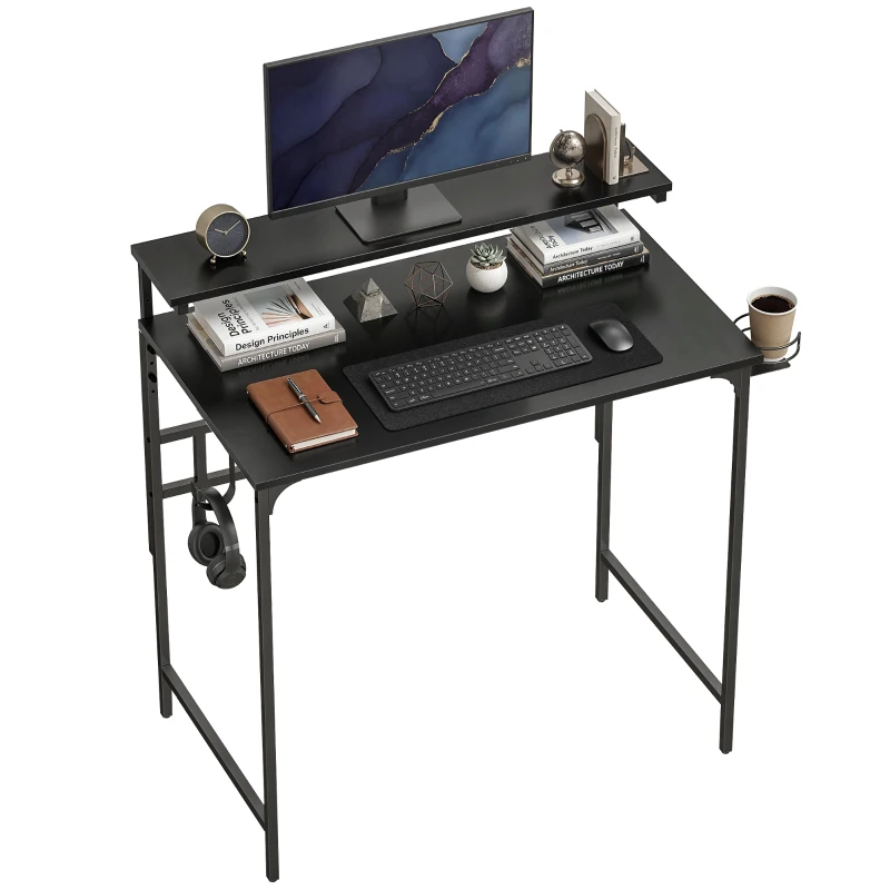HOMCOM Computer Desk, 80cm Home Office Study Table with Hutch Shelf, Cup Holder, Headphone Hook, Black