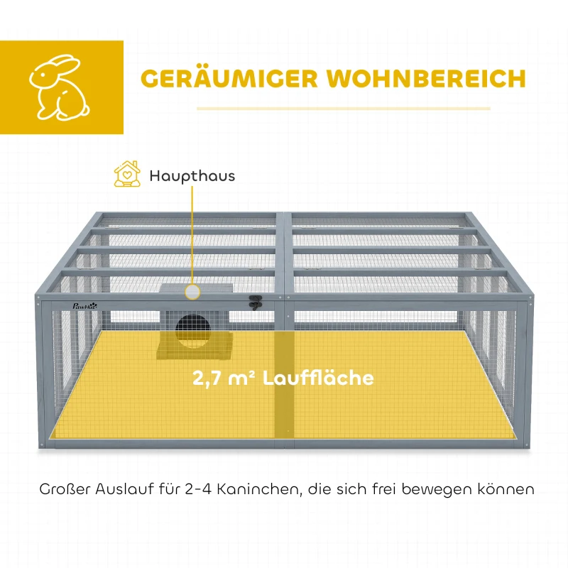 PawHut Freilaufgehege Kaninchenstall aus Holz mit 2 Türen Unterschlupfhaus für 2-4 Zwergkaninchen 180,4 x 150 x 48 cm Grau
