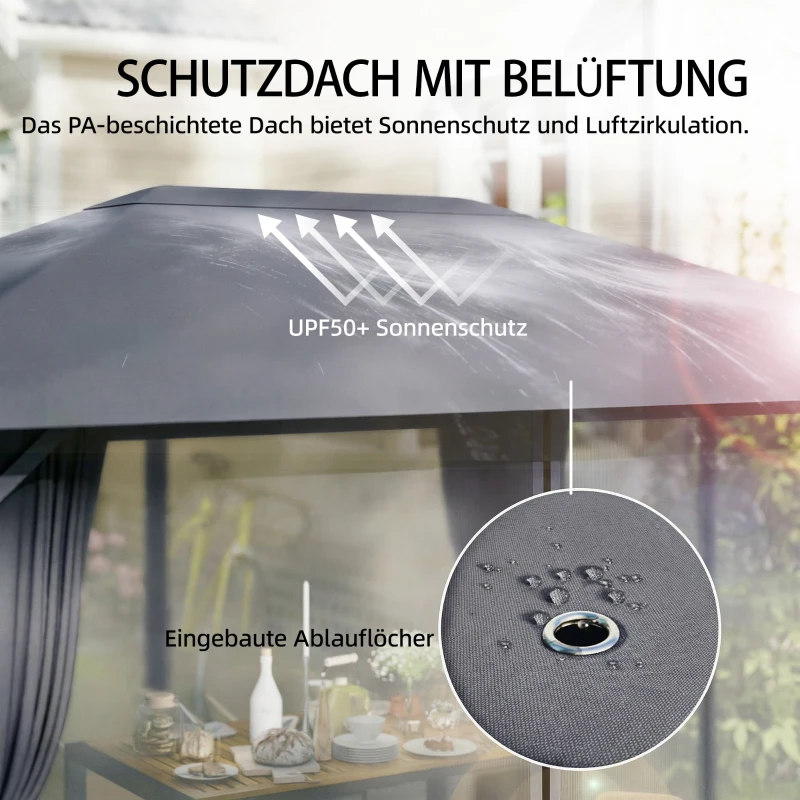 Outsunny Pavillon ca. 4x3m Wasserabweisend Stabil Winterfest Gartenpavillon mit Moskitonetz 4 Seitenteile Lüftung Drainagelöchern