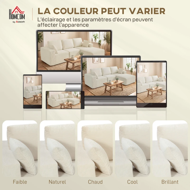 HOMCOM Canapé d'angle modulable 2 en 1, 267cm, canapé-lit 3 places en velours côtelé, larges assise et accoudoirs, crème