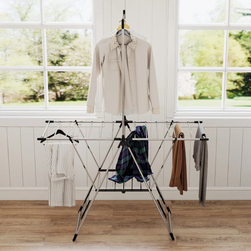 HOMCOM Séchoir à linge étendoir pliable, ailes réglables 5 niveaux, 4 supports à chaussures, acier inoxydable, argenté