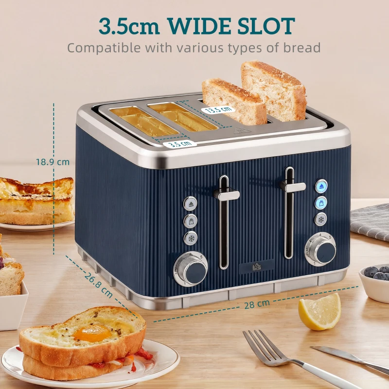 HOMCOM Electric Stainless Steel Kettle and Toaster Set, 3000W 1.7L UK Strix Thermostat Dark Blue