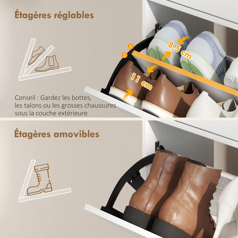 HOMCOM Meuble à chaussures 12 paires, armoire à chaussures, 2 tiroirs rabattables, 4 compartiments, 99,4x23,8x106,6cm, blanc