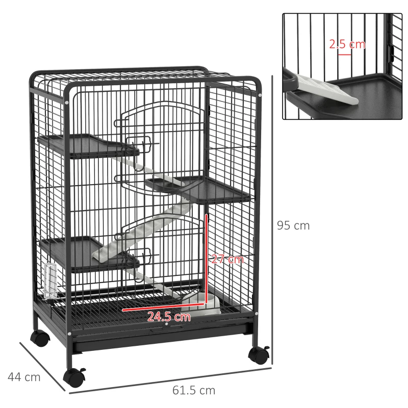 PawHut Small Animal Cage on Wheels, 3 Ramps & 3 Platforms, Food Dish & Water Bottle, Removable Bottom Tray for Rabbit, Ferret, Chinchilla, Steel & PP, 61.5x44x95cm, Black
