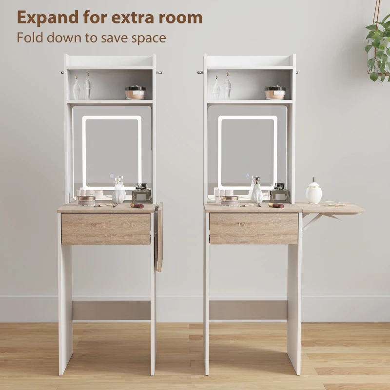 HOMCOM Small Vanity Desk with Mirror and LED Lights, Compact Dressing Table with Drop Leaf, Open Shelves and Drawer, White