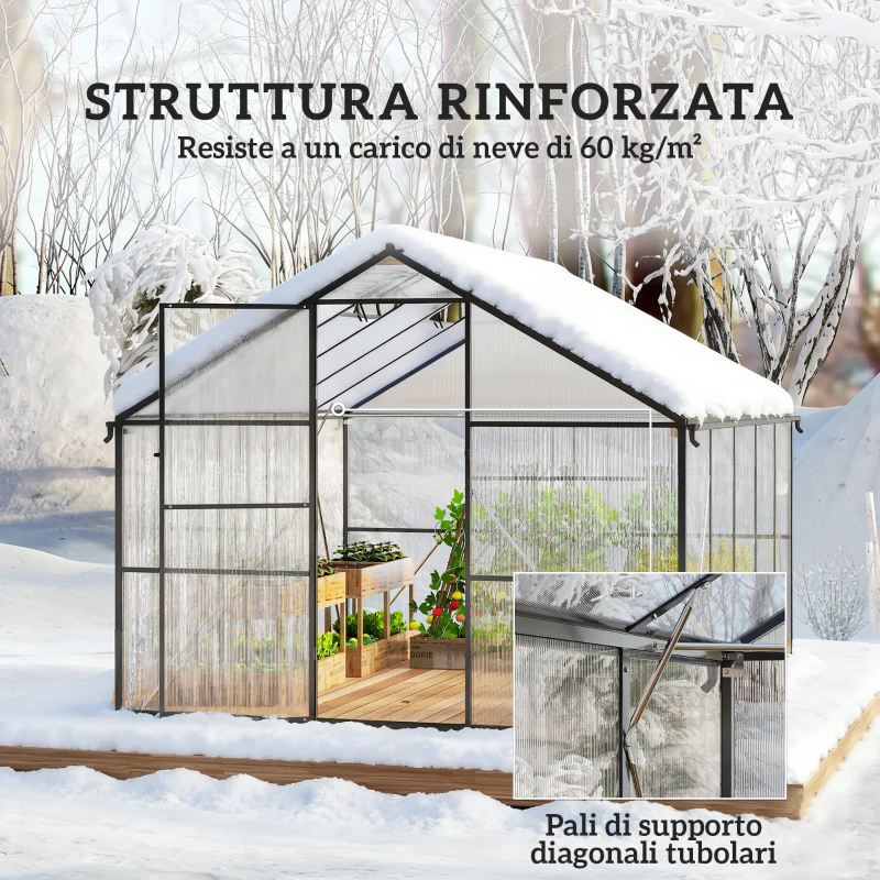 Outsunny Serra per Orto in PC e Alluminio con Porta a Battente e 2 Finestre Regolabili, 304x247x205 cm, Nero