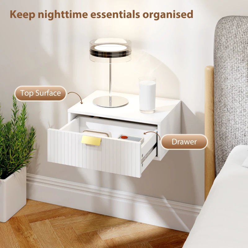 HOMCOM Modern Floating Nightstands Set of 2, Wall Mounted Bedside Tables with Wave Drawer White