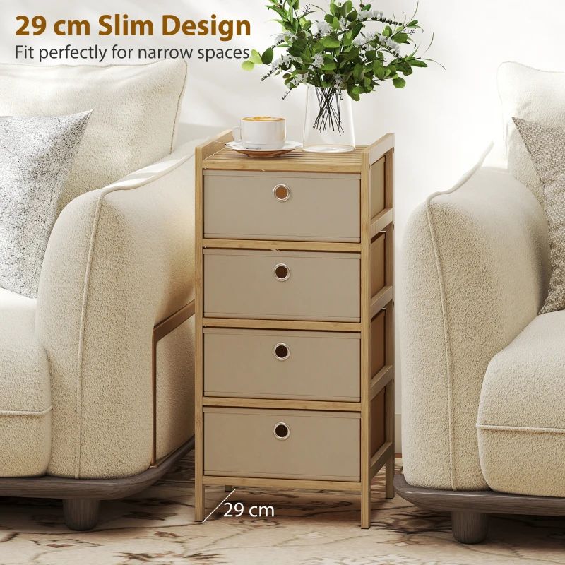 HOMCOM Chest of Drawers, 4 Fabric Drawers Narrow Dresser with Bamboo Frame, Cream White