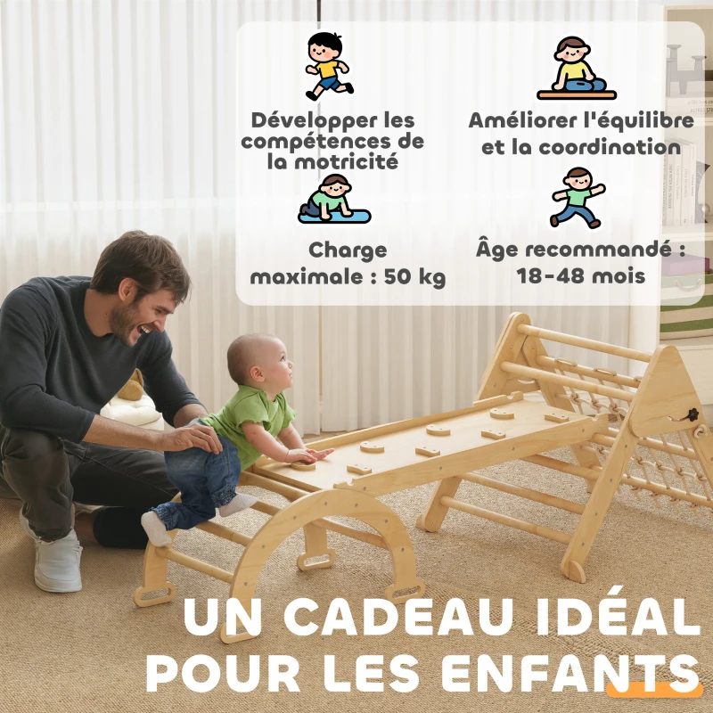 AIYAPLAY Triangle d'escalade enfants 8 en 1 avec rampe double face, arc d'escalade en bois avec toboggan & échelle, naturel