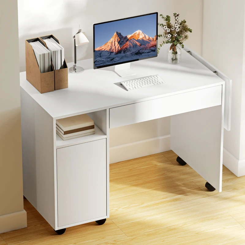HOMCOM Bureau d'ordinateur sur roulettes, table informatique avec abattant, tiroir, placard et compartiment, 130 x 58 cm, blanc