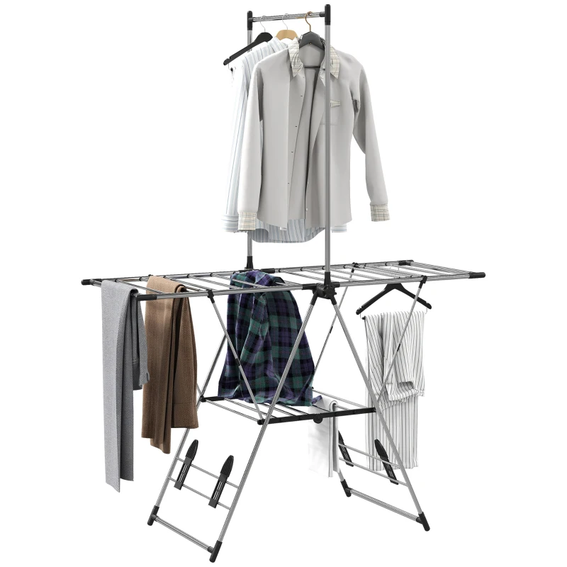 HOMCOM Séchoir à linge étendoir pliable, ailes réglables 5 niveaux, 4 supports à chaussures, acier inoxydable, argenté