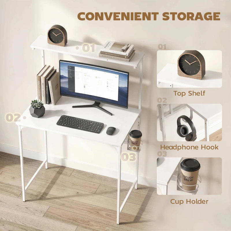 HOMCOM Computer Desk, 80cm Home Office Study Table with Hutch Shelf, Cup Holder, Headphone Hook, White
