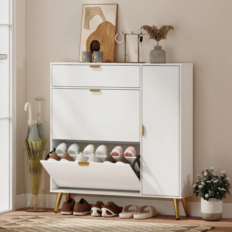 HOMCOM Meuble à chaussures 12 paires, armoire à chaussures, 2 tiroirs rabattables, 4 compartiments, 99,4x23,8x106,6cm, blanc