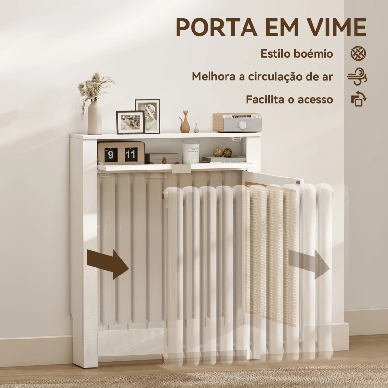 HOMCOM Cobertura para Radiador com Porta Rebatível e Vime Proteção Radiador de MDF 78x19x95,5 cm com Compartimento Desenho Boémio Branco