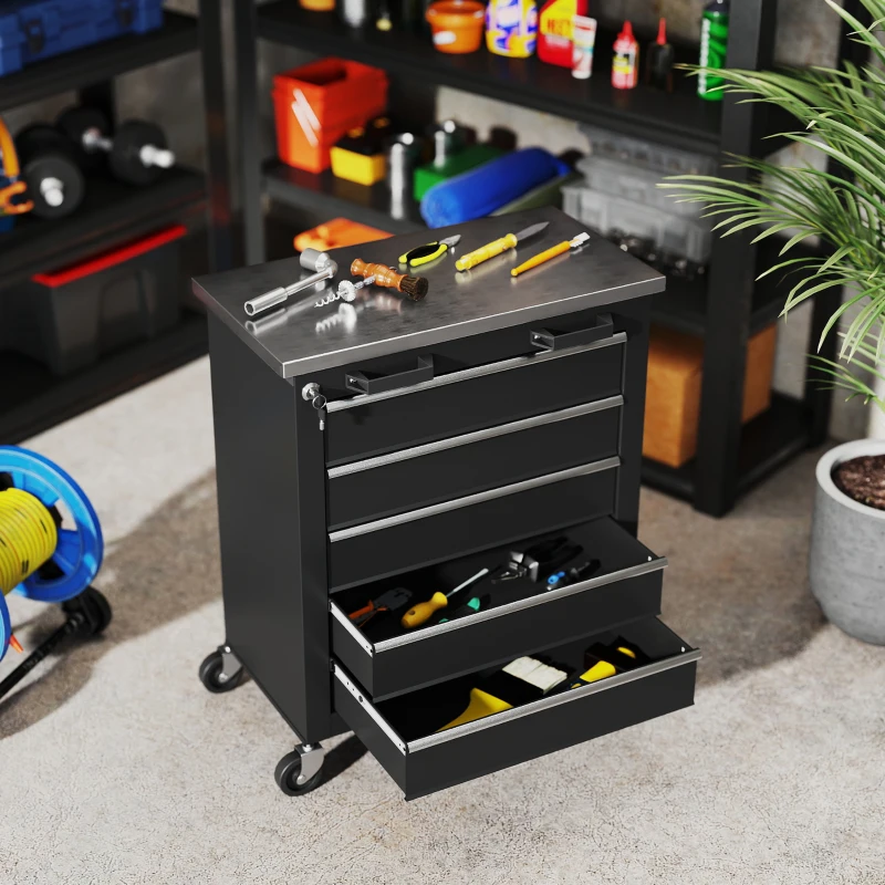 HOMCOM Carrinho de Ferramentas com 5 Gavetas Fecho Rodas com Travão e Bancada em Aço Inoxidável 65,5x34,5x76 cm Preto e Prateado
