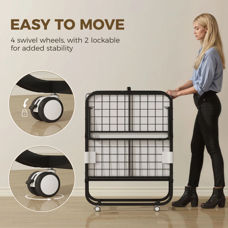 HOMCOM Lit pliant 1 personne 200 x 80 cm avec matelas, lit d'appoint pliable et portable sur roulettes, cadre en acier, blanc