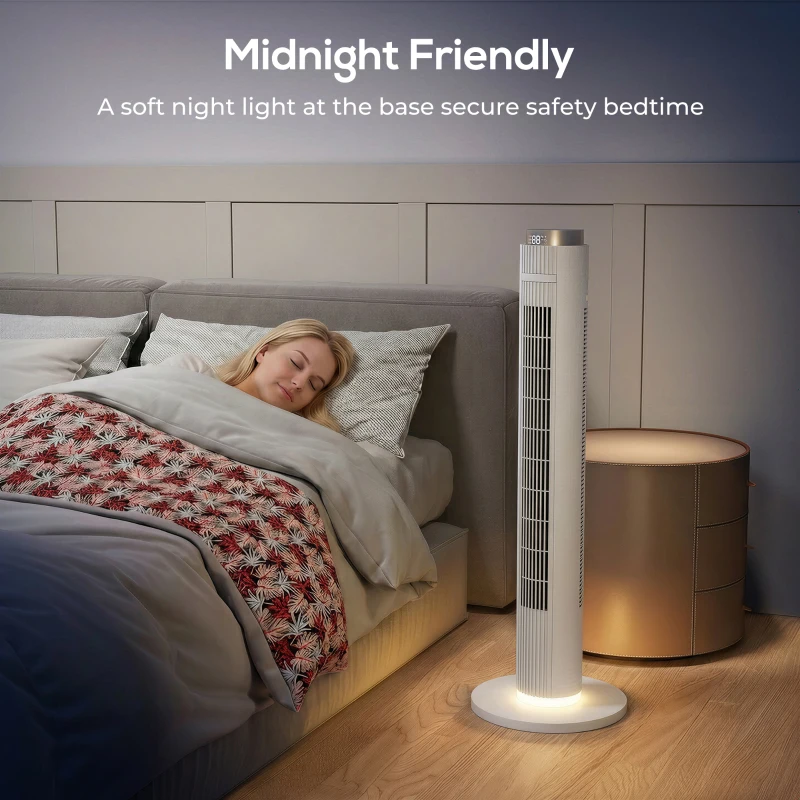 HOMCOM 96 cm Tower Fan with WiFi App Control, Standing Floor Fan with 3 Speed 4 Modes, 12 Hour Timer and Night Light White