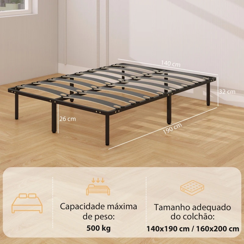 HOMCOM Estrutura 140x190 cm Estrado de Cama de Plataforma de Aço com Ripas de Álamo Fácil de Montar Carga 350 kg Preto