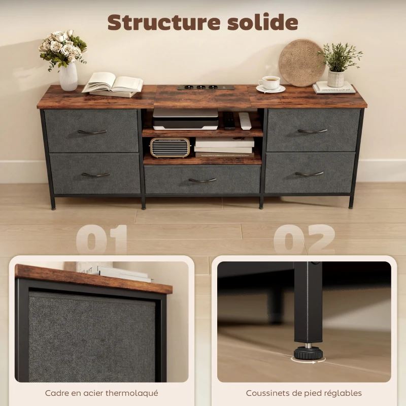 HOMCOM Meuble TV 140 cm, meuble télé 65 pouces, station de charge, 5 tiroirs en tissu, étagères ouvertes, 140x30x50cm, marron