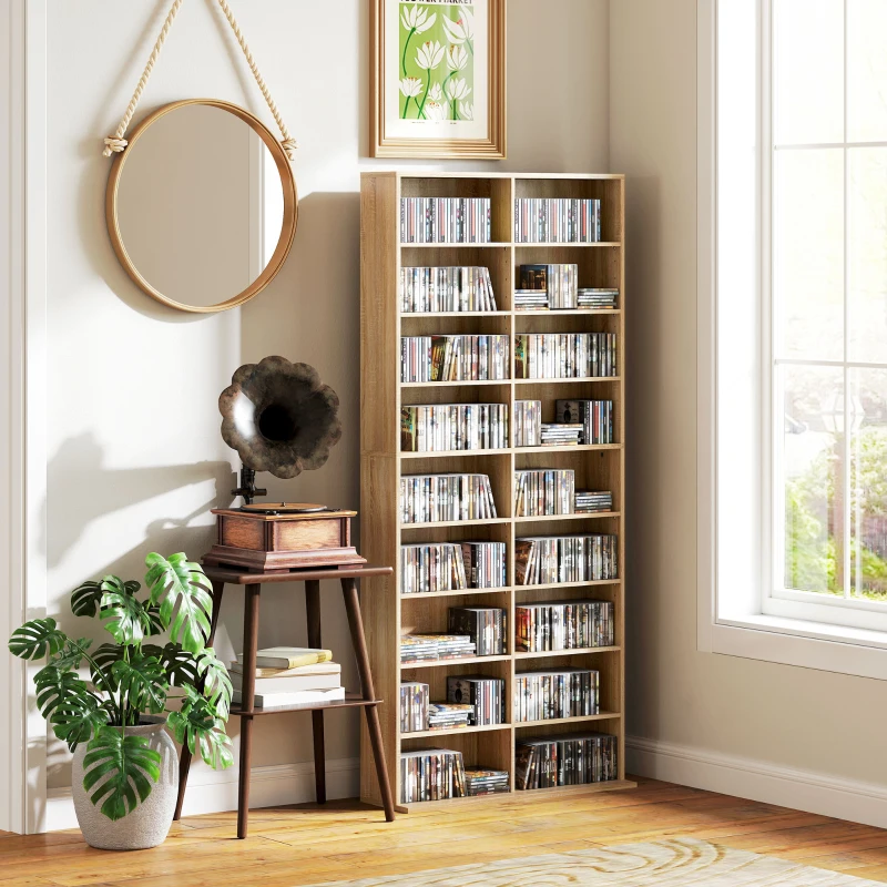 HOMCOM Étagère DVD 9 niveaux avec 18 compartiments et 14 tablettes réglables, capacité pour 640 CD, 360 DVD ou 430 Blu-rays, bois naturel