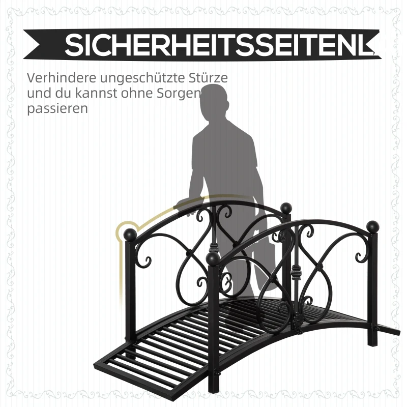 Outsunny Gartenbrücke, Teichbrücke mit Sicherheitsgeländer, Zierbrücke bis 100 kg belastbar, 102 x 48 x 49 cm Schwarz