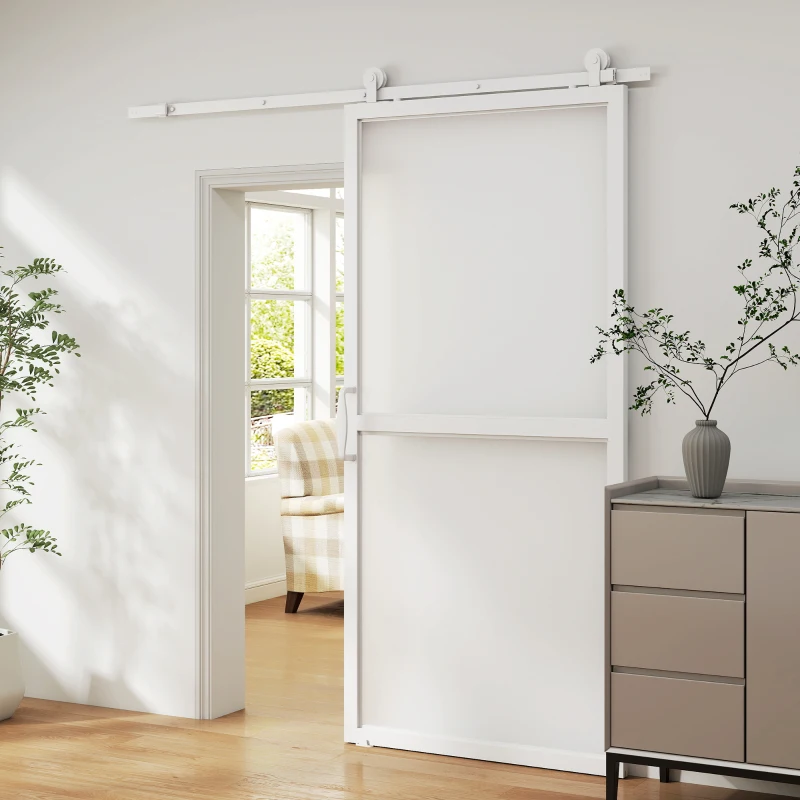 HOMCOM Ferragem para Porta de Correr Kit de Acessórios para Porta Corredeira com 2 Trilhos de Aço de Carbono 200x40x0,6 cm Branco
