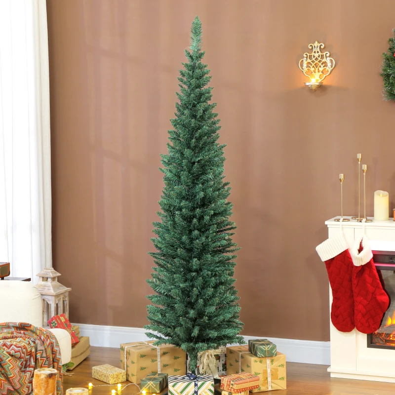 HOMCOM Árvore de Natal Slim 180 cm Árvore de Natal Artificial com 321 Ramos Suporte Metálico Decoração para Interior Verde