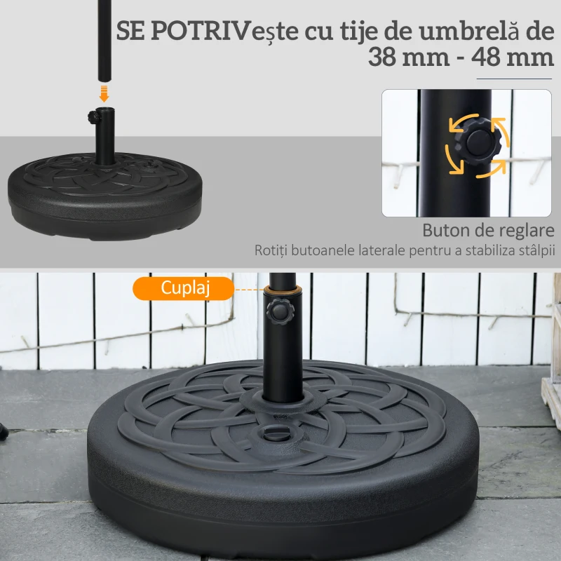 Outsunny Bază pentru Umbrelă de Soare Rotundă din Plastic, Umplibilă cu Apă și Nisip pentru Stâlpi de 38-48 mm, Ø56 cm, Negru