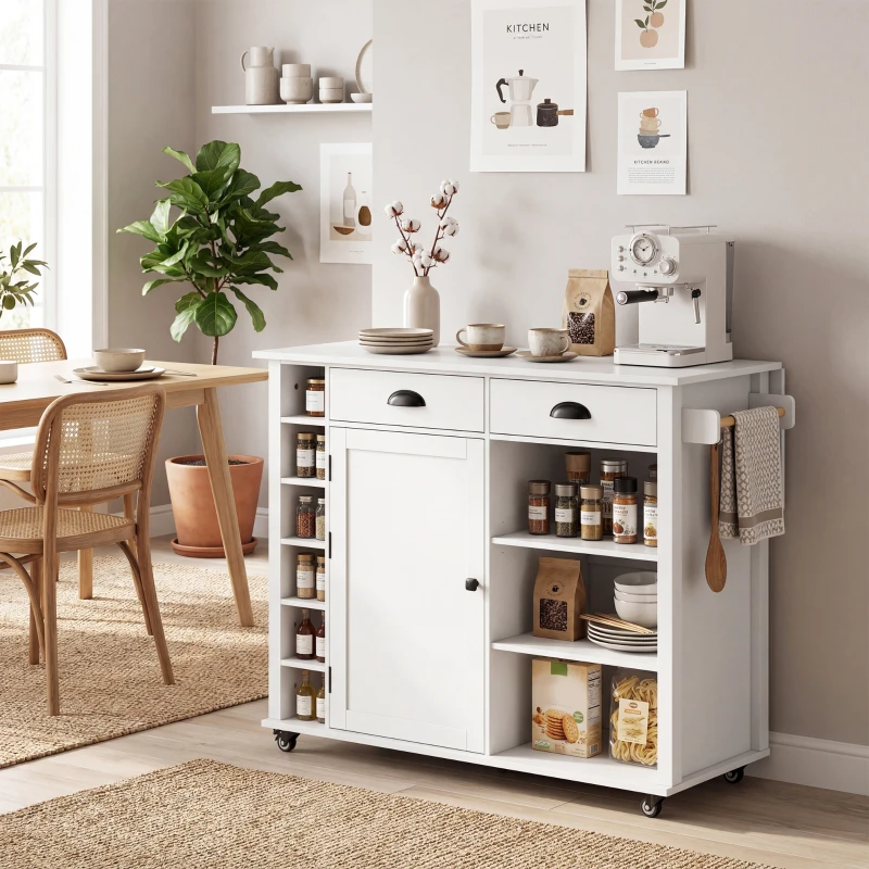 HOMCOM Kücheninsel mit Rollen, klappbare Arbeitsplatte, Gewürzregal, Handtuchhalter, Schrank, 2 Schubladen, 117,5x70x91 cm, Weiß