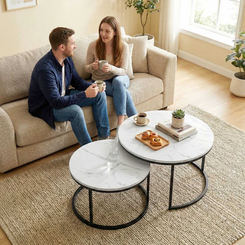 HOMCOM Set of Two Marble-Effect Stacking Tables - White