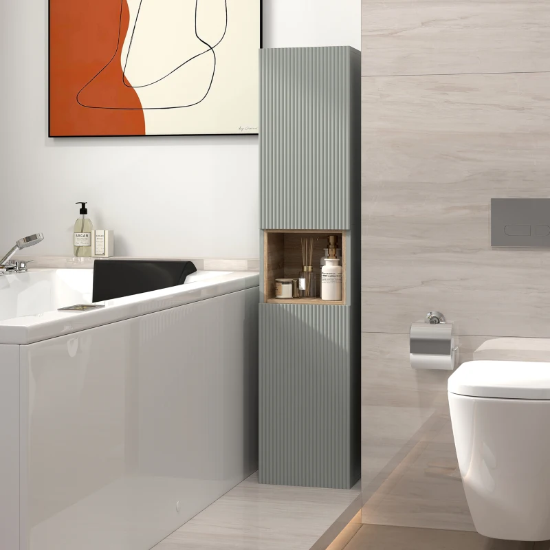 HOMCOM Armario de Baño Alto Estrecha con Estante Abierto y Estantes Ajustables 2 Puertas Acanaladas 30x24x140 cm Verde