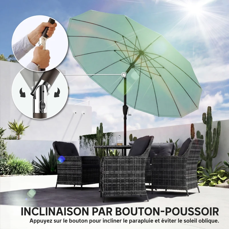 Outsunny Parasol de jardin extérieur rond 2 m parasol inclinable avec ouverture fermeture manivelle 16 baleines, turquoise