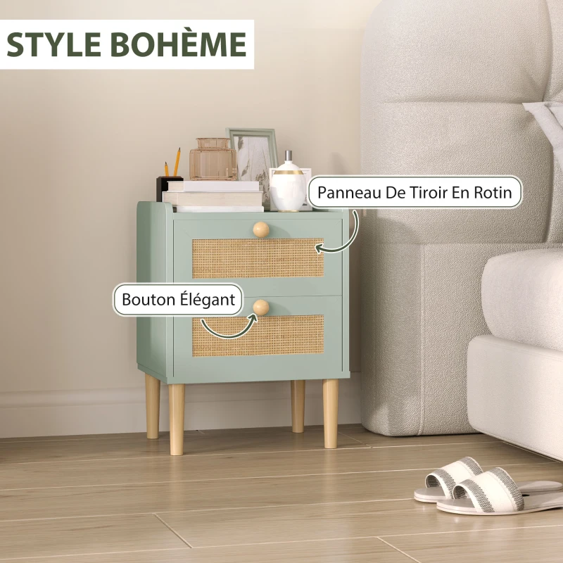 HOMCOM Table de chevet, table de nuit avec 2 tiroirs en effet rotin naturel et cadre en bois, 39,8 x 30 x 52,5 cm, vert olive