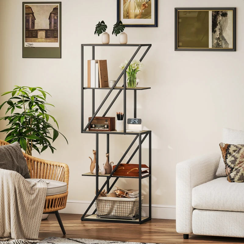 HOMCOM Estante de 5 Níveis Estante para Livros Estilo Industrial com Prateleiras Abertas e Estrutura de Aço 60x30x165 cm Madeira e Preto