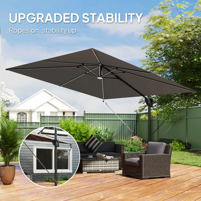Outsunny 3 x 3 m Garden Cantilever Parasol w/ Light, Cover, UPF50+ Patio Umbrella w/ Wind Protection, 360° Rotation, Dark Grey