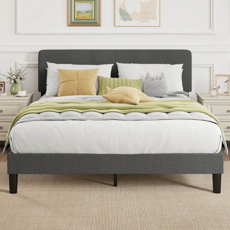 HOMCOM Cama 160x200 cm com Cabeceira Ajustável Estofada em Bombazina Ripas de Madeira Montagem Fácil Cinza Escuro