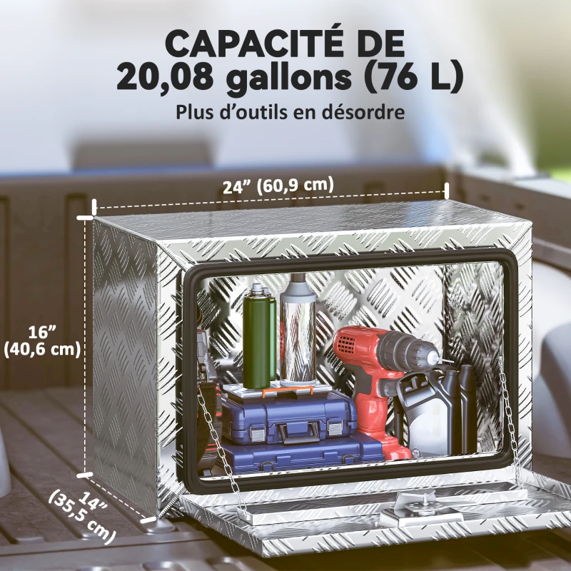 HOMCOM Boîte à outils pour camion en aluminium, 60,9 x 35,5 x 40,6 cm, coffre de rangement 76 L avec serrure et clés, argent