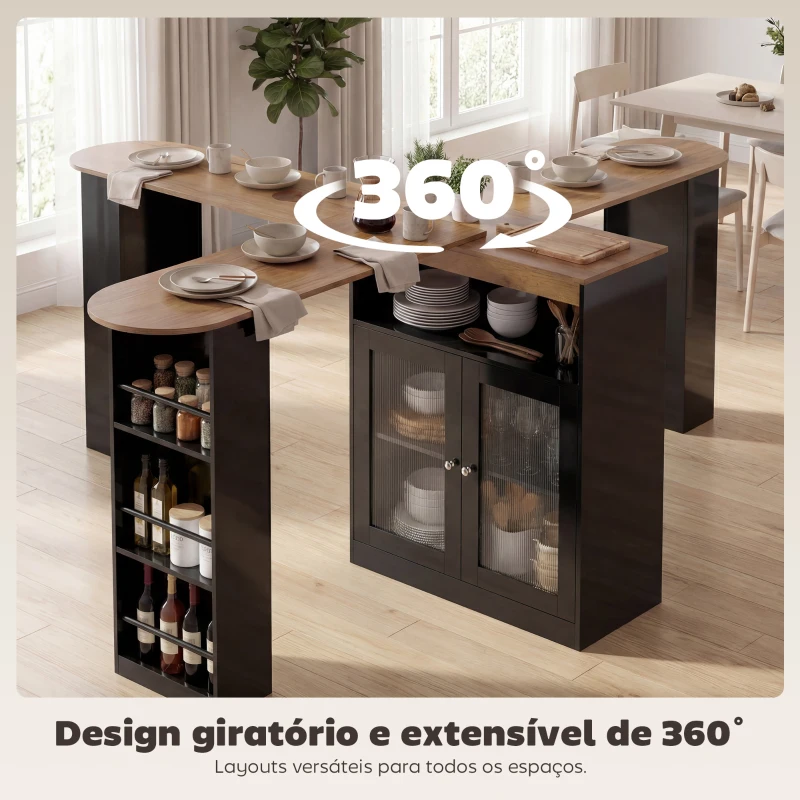 HOMCOM Mesa de Bar Extensível e Giratória 360° com Prateleiras Abertas e 2 Portas de Vidro 150x80x105,5 cm Preto e Madeira