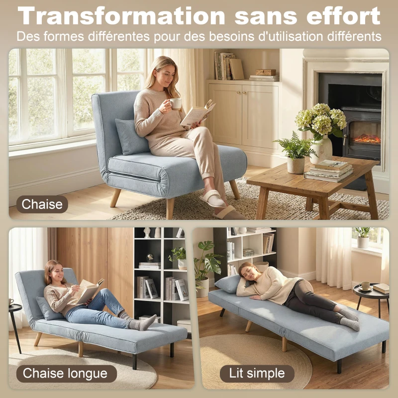 HOMCOM Fauteuil chauffeuse convertible 3 en 1 lit fauteuil lit 1 place dossier 5 positions en tissu avec coussin, gris