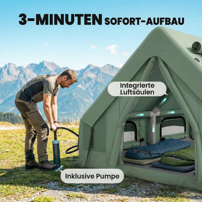Outsunny Aufblasbares Zelt 8-10 Personen Schneller Aufbau 4-Jahreszeiten Wasserdicht Kratzfest Zelt mit Kaminöffnung Dachfenster