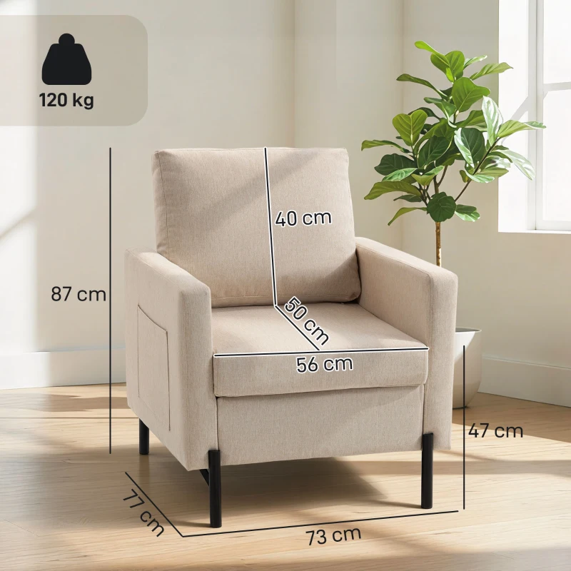 HOMCOM Fauteuil de salon, canapé 1 place rembourré avec accoudoirs, assise large et pieds en acier, 73 x 77 x 87 cm, beige