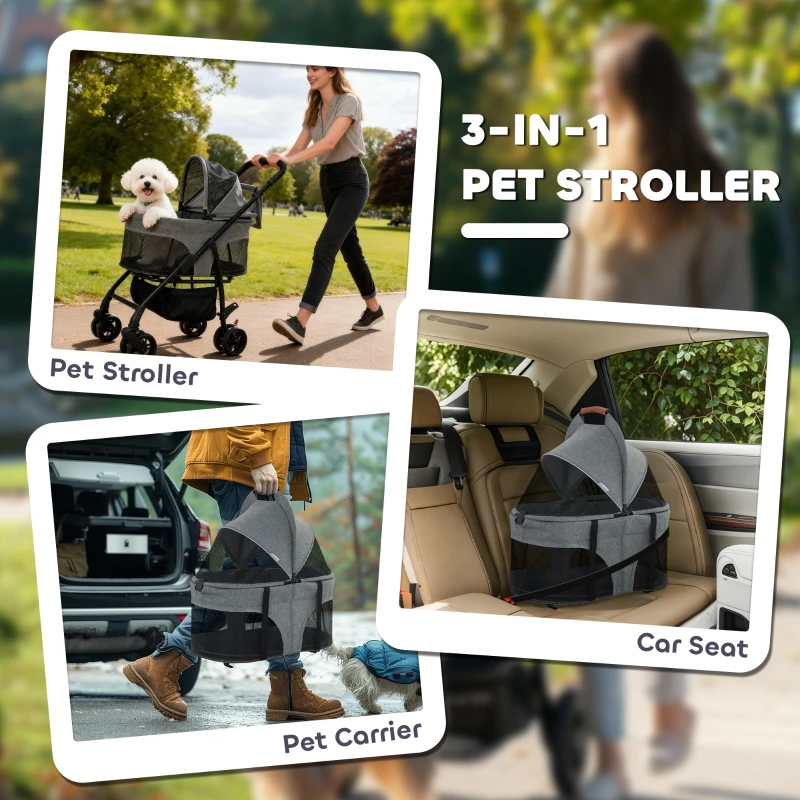 PawHut Pet Stroller, Foldable Dog Cat Stroller with Detachable Carrier, Wheels, Storage Basket, Secure Leash